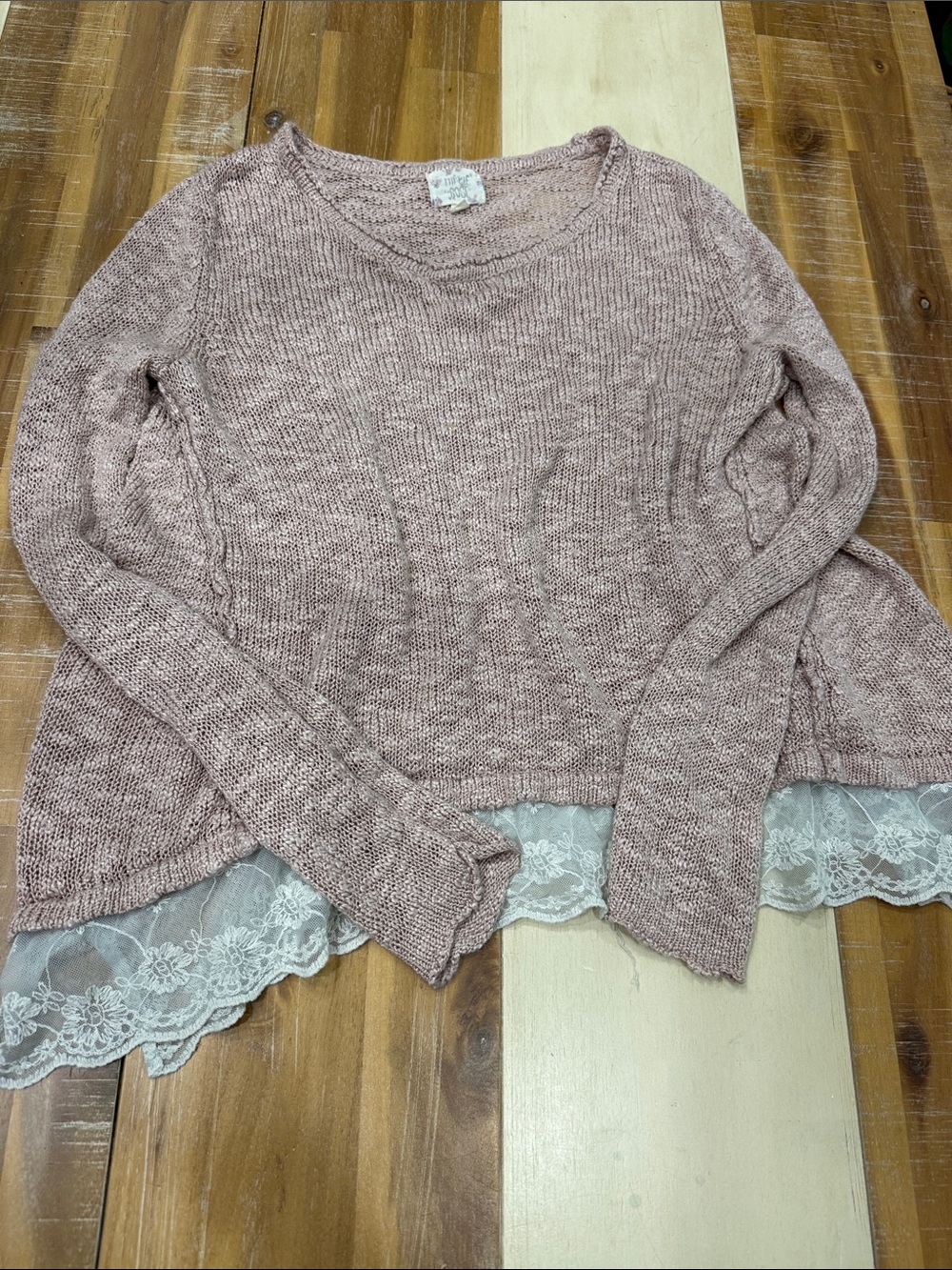 Hippie Rose Dusty Rose Knit Crewneck Sweater with Lace Trim